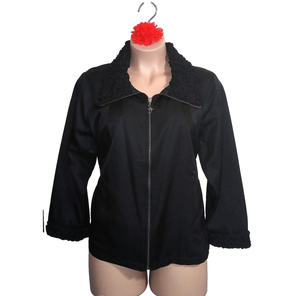 Susan Graver Women Jacket 2X Black Minimalist Solid Zip Up Pockets Scrunched